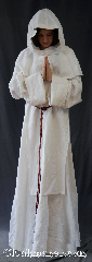 Robe:R337, Robe Style:Monk's Robe with detached hood, Robe Color:White, Fiber:Linen/Rayon<br>Machine Washable, Neck:24", Sleeve:40", Chest:Up to 58", Length:59", Note:Soft and breathable this<br>White linen is comfortable for<br>whatever you need to do.<br>Pictured with a 17" wide scapula<br>(included).<br>Robe comes with a brown<br>or white rope belt..