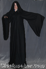 Robe:R351, Robe Style:Sith or Holocaust Style Cloak, Robe Color:Black, Fiber:Flat Woven Wool, Neck:22", Sleeve:41", Chest:up to 48", Length:76"<br>Can be hemmed to height., Note:Hooded with pointed sleeves and hidden<br>hook and eye clasp<br>light weight <br>Made of flat woven wool<br>Spot or dry clean only.