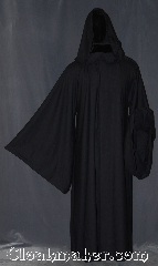 Robe:R354, Robe Style:Monks Jedi/Sith, wizards, and more, Robe Color:Navy Blue almost Black, Fiber:Poly blend wool, Neck:24", Sleeve:42", Chest:up to 60", Length:64", Note:Versatile for Monks, Jedi/Sith, wizards,<br>and more, this hooded  robe has large sleeves<br>and hidden hook and eye clasp.<br>Made of a light weight<br>textured wool poly blend.<br>Machine washable.