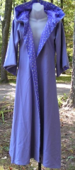 Robe:R35, Robe Style:Wizards Robe, Robe Color:Purple, Blue, Silver, Front/Collar:Hooded with purple silver star cotton print in hood lining and open front facing, Approx. Size:Junior, Fiber:Wool, Neck Length:22", Sleeve:26", Chest:36", Length:51", Height:5'1".