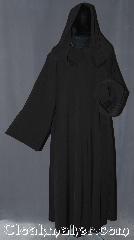 Robe:R363, Robe Style:Sith Jedi or Holocaust Style Cloak, Robe Color:Dark Brown nearly black, Fiber:Polyester Rayon Suiting, Neck:21.5", Sleeve:35", Chest:up to 56", Length:56", Height:5' 5" at the tallest, Note:Light weight and easy care<br>this robe is a great Sith,<br>wizard or druid during<br>the spring or fall.<br>Made of a dark brown<br>nearly black machine washable<br>poly rayon suiting with a<br>hidden hook and eye clasp,<br>makes a great accessory for<br> everyday wear,<br>LARP or Renaissance Fair..