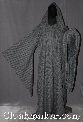 Robe:R365, Robe Style:Novelty weave<br>Gandalf liripipe, Robe Color:Novelty weave slate grey/<br>blue with tan accents., Fiber:Novelty weave<br>Wool blend Suiting<br>Machine washable, Neck:22", Sleeve:36", Chest:58", Length:66", Height:Up to 6' 5". Can be shortened, Note:Unique, light weight and easy care<br>this long drop sleeved robe<br>s a great Gandalf wizard or druid<br>perfect for use during the spring or fall.<br>Made of a machine washable novelty<br>weave wool suiting suiting with<br>hook and eye clasp<br>and liripipe hood <br>makes a great accessory<br>for everyday wear, LARP <br>Renaissance Fair..