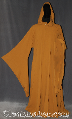 Robe:R371, Robe Style:novelty weave Buddhist Jedi, Robe Color:Tumeric yellow, Fiber:Wool rayon blend, Neck:21", Sleeve:36", Chest:up to 64", Length:60", Height:5' 10" touches the ground, Note:"In a dark place we find ourselves,<br> and a little more knowledge<br>lights our way." <br>Yoda, find your inner peace with this<br>buddhist-Jedi meditation robe. <br>Colored in traditional<br>Buddhist Turmeric in a<br>Jedi profile of open front hooded<br>robe with pointed drop sleeves<br>and hidden hook and eye clasp.<br>Made of a wool rayon blend cool<br>to the touch machine washable..