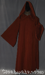 Robe:R374, Robe Style:Obi-Wan Jedi Robe<br>WITH POCKETS, Robe Color:Brown Rust, Fiber:Cotton Lycra, Neck:24.5", Sleeve:38", Chest:up to 70", Length:63", Height:Up to 6' 2"<br>Can be shortened, Note:Comfortable to wear<br>around the house<br>and around town.<br>This hooded Jedi style robe<br>is made of a bottom<br>weight cotton blend.<br>Distressed with slight<br>fading in places<br>Machine washable.<br>It has POCKETS.