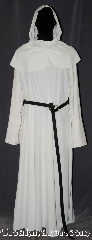Robe:R382, Robe Style:Monk's Robe with detached hood, Robe Color:White, Fiber:Poly/Rayon<br>Machine Washable, Neck:26", Sleeve:38", Chest:Up to 46", Length:57", Height:up to 5'6", Note:Soft and breathable this White<br>rayon poly twill robe is comfortable<br>for indoor and outside events.<br>With a brown or white rope belt<br>and matching coin pouch included. <br>Pictured with a leather belt<br>(sold separately)..