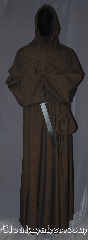 Robe:R383, Robe Style:Monk's Robe with removable hooded cowl, Robe Color:Brown black tight chevron, Fiber:Wool Blend<br>Machine washable, Sleeve:37", Chest:up to 56", Length:63", Height:Up to 6'2", Note:Soft and warm this monks robe with<br>removable hood is comfortable for<br>whatever you need to do.<br> Made of a tight chevron wool suiting weave<br>Pictured with a leather belt<br>(not included).<br>Robe comes with a rope belt<br>and a matching pouch.<br>Dry or spot clean only.