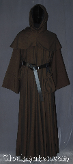 Robe:R384, Robe Style:Monk's Robe with removable hooded cowl, Robe Color:Brown black tight chevron, Fiber:Wool Blend<br>Machine washable, Sleeve:34", Chest:up to 56", Length:65", Height:Up to 6'5", Note:Soft and warm this monks robe with<br>removable hood is comfortable for<br>whatever you need to do.<br> Made of a tight chevron wool suiting weave<br>Pictured with a leather belt<br>(not included).<br>Robe comes with a rope belt<br>and a matching pouch.<br>Dry or spot clean only.