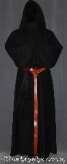 Robe:R389, Robe Style:Monk's Robe with attached cowl, Robe Color:Black, Fiber:100 % Wool, Sleeve:33", Chest:52", Length:58", Height:up to 5'6", Note:A useful garment made of lightweight<br>Black wool with an attached cowl and pouch<br> Pictured with a leather belt<br> BTBRNS02 for an added $44<br>(not included).<br>Robe comes with a rope belt<br>Dry or spot clean only.