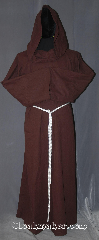 Robe:R392, Robe Style:Monk's Robe with attached cowl, Robe Color:Brown, Fiber:Linen/Rayon, Machine Washable, Sleeve:35", Chest:Up to 54", Length:57", Height:up to 5'6", Note:Lightweight and easy care, in a rayon<br>rough linen look weave cotton fabric,<br>a great piece of spring monk outerwear.<br>With a attached pointed  hood<br>and rope belt makes a great accessory<br>for everyday wear, religious ceremony,<br>LARP or Renaissance Fair.<br>The Robe is machine washable!.