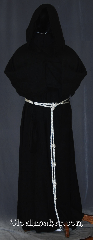 Robe:R395, Robe Style:Monk's Robe with Attached cowl, Robe Color:Black, Fiber:Linen/Rayon, Machine Washable, Sleeve:36", Chest:up to 62", Length:63", Height:Up to 6'1", Note:Lightweight and easy care,<br>in a rayon linen loose weave,<br>a great piece of spring monk outerwear.<br>With an attached cowl and rope belt<br>makes a great accessory for everyday<br>wear, religious ceremony,<br> LARP or Renaissance Fair.<br>The Robe is machine washable!.