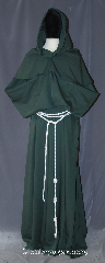 Robe:R397, Robe Style:Monks Robe with Detached cowl<br>and coin pouch, Robe Color:Olive Green, Front/Collar:Round neck, Fiber:Poly Suiting<br>Machine Washable, Sleeve:39", Chest:60", Length:66", Height:Up to 6'5", Note:This light weight olive green  monks robe<br>made of poly suiting, perfect for<br>cool indoor events.<br>The detached hood is removable<br>for ease of use and can be<br>hemmed to desired length.<br>A rope belt is included with the<br>option of a leather belt<br>for extra $45.<br> Machine Washable.