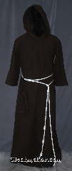 Robe:R398, Robe Style:Monks Robe with Attached cowl<br>and coin pouch, Robe Color:Black, Fiber:Cotton Flannel, Neck:30", Sleeve:31", Chest:up to 51", Length:65", Height:Up to 6' 4", Note:Soft and resilient  this cotton flannel<br>attached hood monks robe is<br>comfortable for whatever you need to do.<br>Pictured with a rope belt<br>and a matching pouch included.<br>Machine washable.