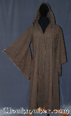 Robe:R402, Robe Style:Post apocalyptic Jedi Robe / Wizard, Robe Color:Brown, Fiber:Homespun look heathered brown<br>Poly Suiting, Neck:26", Sleeve:34", Chest:up to 48", Length:61", Height:5' 11", Note:This durable polyester suiting<br>gives the looks of homespun linen<br>without the wrinkles.<br>With a rough feel and edge for a<br>rustic post apocalyptic look.<br>Machine wash. Easy care.