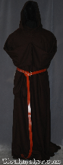 Robe:R403, Robe Style:Monk's Robe with attached hooded cowl, Robe Color:Trappist brown, Fiber:Washed Worsted Wool Crepe, Sleeve:37", Chest:up to 60", Length:68", Height:6'7", Note:Made of easy care light weight wool suiting<br>this chocolate brown attached hood <br>monks robe is comfortable for<br>whatever you need to do.<br>Can be hemmed to desired length<br>A coin pouch and rope belt is included<br>with the option of a leather belt<br>pictured for extra $45.<br> Machine washable..