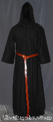 Robe:R406, Robe Style:Monk's Robe with attached hooded cowl, Robe Color:Dark Brown, Fiber:100% Wool, Sleeve:35", Chest:up to 56", Length:64", Height:Up to 6'3", Note:Made of easy care light weight<br>100% wool suiting<br>this dark brown attached hood<br>monks robe is comfortable for<br>whatever you need to do.<br> can be<br>hemmed to desired length<br>Option of a leather belt<br> pictured for extra $45.<br> Machine washable..