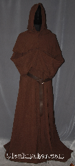 Robe:R409, Robe Style:Monks Robe with two pointed<br>Detached cowl options<br>and coin pouch, Robe Color:Warm saddle brown, Fiber:cotton weave, Sleeve:37", Chest:Up to 54", Length:61", Height:Up to 5'11", Note:This light weight saddle brown<br>monks robe made of a soft<br>cotton weave, perfect for<br>cool indoor events.<br>The robe has two styles of<br>detached hoods available. <br>One is a short point while the other<br>is a little longer, please note<br>preferred hood when ordering.<br>This robe can be<br>hemmed to desired length<br>A rope belt is included with the<br>option of a leather belt pictured<br>for extra $45.<br> Machine Washable.