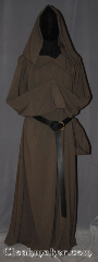 Robe:R414, Robe Style:Monk's Robe with attached<br>hooded cowl and coin pouch, Robe Color:Dark Tan, Fiber:Wool Blend Suiting, Sleeve:36", Chest:56", Length:60", Height:6', Note:Made of easy care light weight<br>100% wool suiting this brown<br>attached hood monks robe<br>is comfortable for<br>whatever you need to do.<br>Can be hemmed to desired length<br>Option of a rope free of charge<br>or leather belt for extra $45.<br> Machine washable..