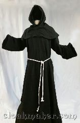 Robe:R426, Robe Style:Monk's Robe with detached<br>hooded cowl, Robe Color:Black, Front/Collar:Closed front, Fiber:100% linen, Neck:29", Sleeve:37", Length:54", Height:68", Note:Benedictine style monk's robe with<br>detached cowl and rope belt,<br>can be shortened at no additional cost.<br>Pouch available upon request for $10.<br>Cool and airy, this robe is<br>perfect for summer activities.<br>Machine wash cold on gentle cycle,<br>line dry or tumble dry on low..