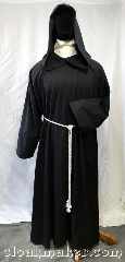Robe:R432, Robe Style:Monk's or Druid Ritual Robe, Robe Color:Black, Front/Collar:closed front, Fiber:100% Wool, Neck:30", Sleeve:38", Chest:70", Length:60", Note:A monk's or druid style ritual robe<br>with an attached pointy hood.<br>Comes with a white rope belt<br>and matching pouch..