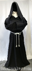 Robe:R435, Robe Style:Monk's Robe, Robe Color:Black, Front/Collar:closed front, Fiber:100% Wool, Neck:30", Sleeve:37", Chest:66", Length:62", Note:A monk's stlye robe with attached<br>hood. Comes with a white<br>rope belt and matching pouch..