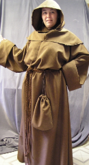 Robe:R44, Robe Style:Monk's Robe with removable hooded cowl, Robe Color:Brown, Front/Collar:Key hole neck, Approx. Size:TBD, Fiber:Polyester Linen Look, Neck Length:24.5", Sleeve:39", Chest:64", Length:65", Height:6'5", Note:$229 and up depending on fabric and size.