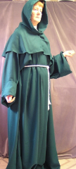 Robe:R46, Robe Style:Monk's Robe with removable hooded cowl, Robe Color:Kelly Green, Front/Collar:Key hole neck, Approx. Size:TBD, Fiber:Polyester, Neck Length:23", Sleeve:40", Chest:62", Length:67", Height:6'7", Note:$239 and up depending on fabric and size.