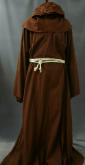 Robe:R99, Robe Style:Monk's Robe with removable hooded cowl, Robe Color:Brown, Front/Collar:oversized key hole neck, Approx. Size:L to XXL, Fiber:Linen Cotton (Washable), Neck:varies, Neck Length:varies, Sleeve:37.5", Chest:58", Length:60", Height:6', Note:$249-$399 depending on fabric and length.