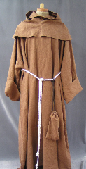Robe:R159, Robe Style:Monk's Robe with removable hooded cowl, Robe Color:Medium Brown, Front/Collar:keyhole neck, Approx. Size:L to XXL, Fiber:Washed heavy weight linen, Sleeve:34" (full fold back cuffs), Chest:52", Length:59", Height:Up to 5'10", Note:Comes with Rope Belt and Pouch.