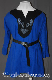 blue/black Tunic with contrasting black fabric and celtic horse and dog knot embroidery