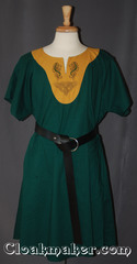 green/amber yellow Tunic with contrasting amber fabric and celtic horse and knot embroidery