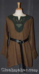 brown/green Tunic with contrasting green cotton fabric and celtic horse dog and knot embroidery