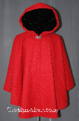 Cloak:2930, Cloak Style:Cape / Ruana, Cloak Color:Red, Fiber / Weave:80% Wool / 20% Nylon BrokenTwill Weave, Cloak Clasp:Vale, Hood Lining:Black Velvet, Back Length:32", Neck Length:22.5", Seasons:Fall, Spring, Southern Winter, Note:This gorgeous wool blend<br>broken twill weave cloak<br>is a fun touch for those cool<br>evenings outdoor events.<br>A cross between a cape and a cloak,<br>a ruana is a great way to keep warm<br>while frequent, unhindered use of<br>your arms is needed.<br>With a hood lined in a soft<br>black velvet accented with a<br>Vale hook-and-eye clasp.<br>Dry clean only.