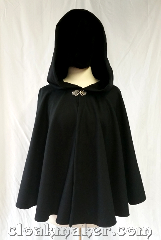 Cloak:3604, Cloak Style:Full Circle Cloak, Cloak Color:Black twill, Fiber / Weave:80% wool,<br> 20% nylon, Cloak Clasp:Vale, Hood Lining:Unlined, Back Length:25", Neck Length:22", Seasons:Spring, Fall, Note:Black wool short cloak with<br>a Vale clasp and unlined hood. .