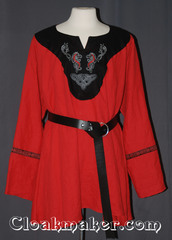 red/black Tunic with contrasting black fabric and celtic horse and knot embroidery trimmed with celtic fish red/black trim